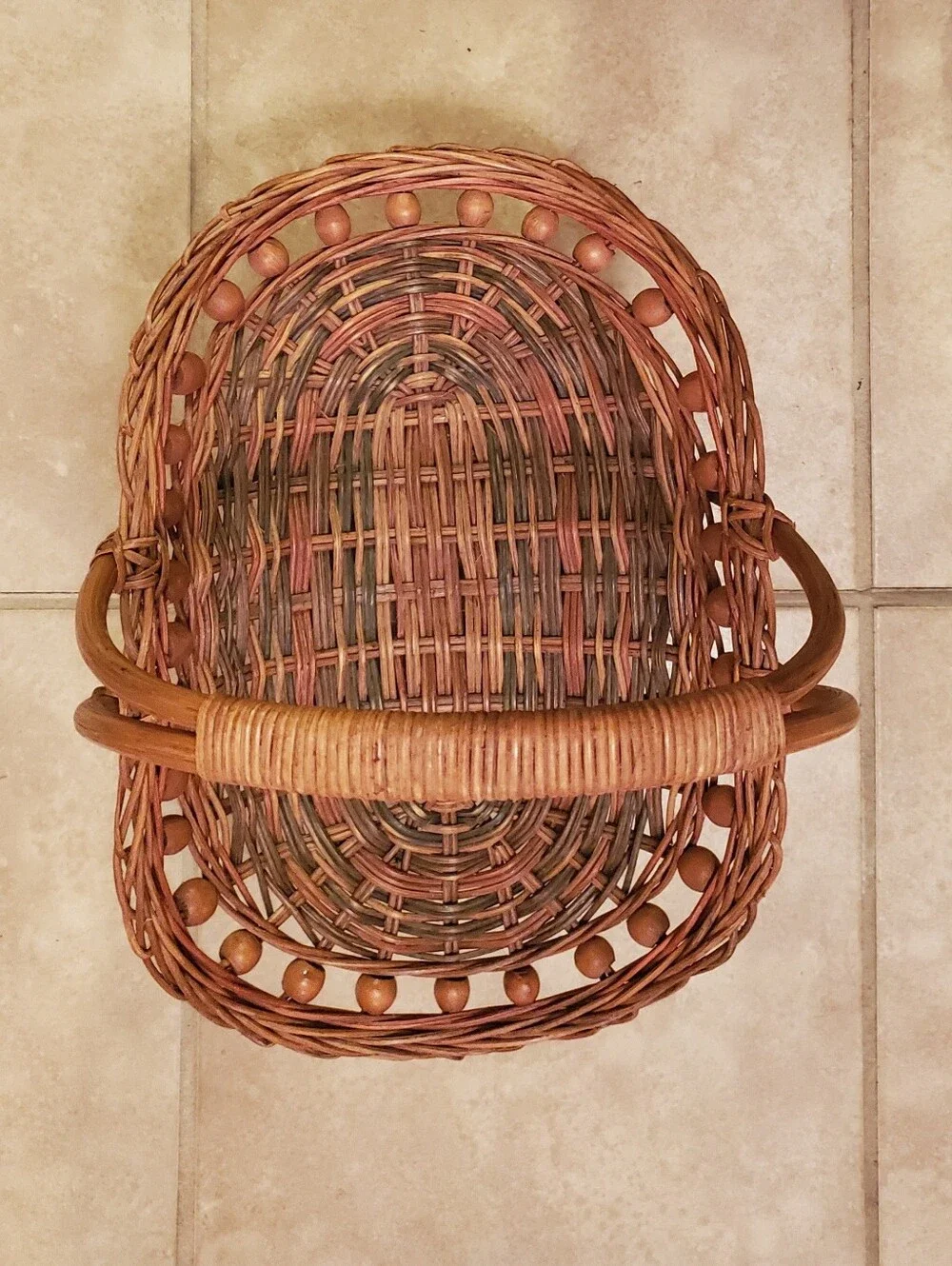 VTG. Handwoven Rattan Gathering Basket with Wood Bead Trim & Arched Handle.